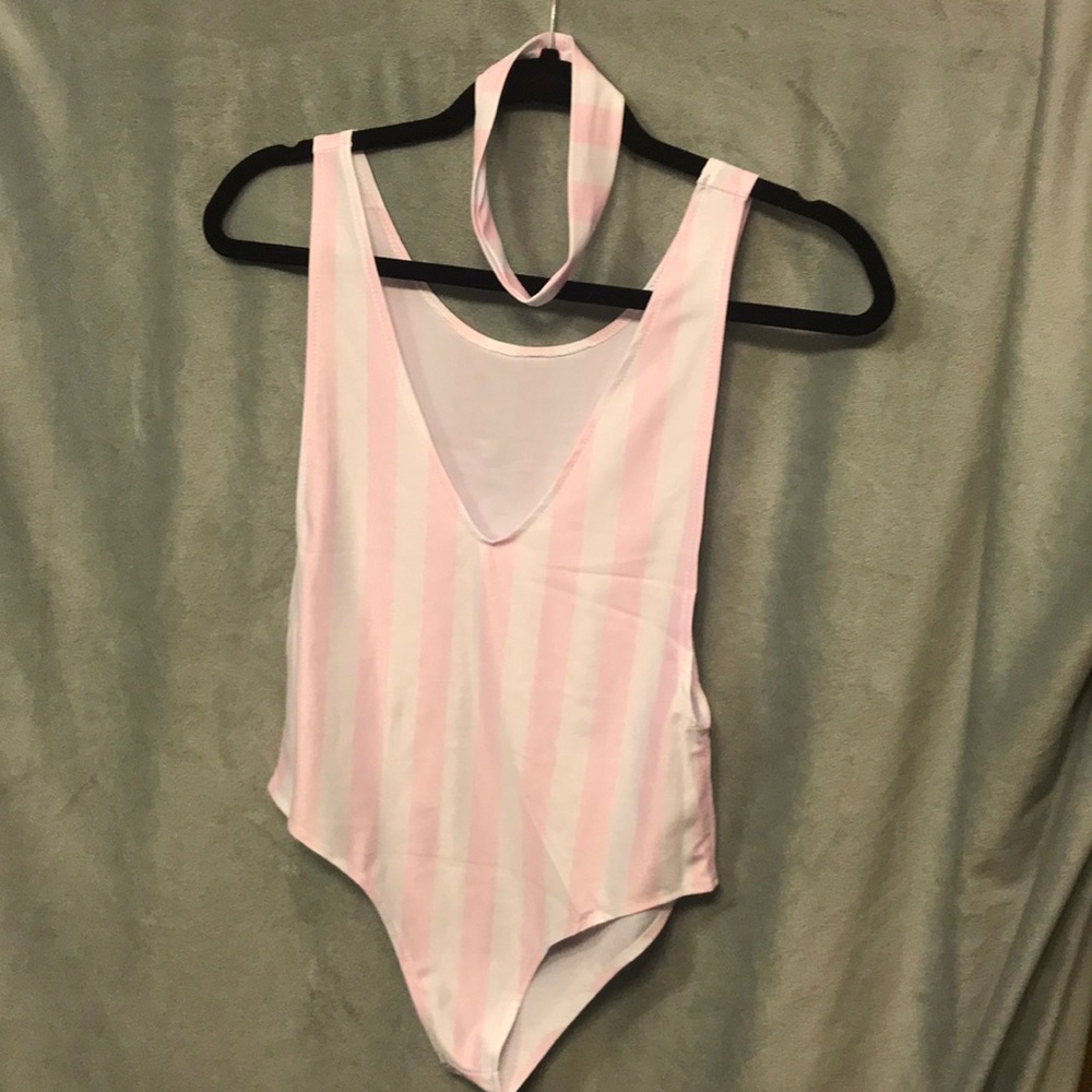 White and pink stripped one piece swimsuit